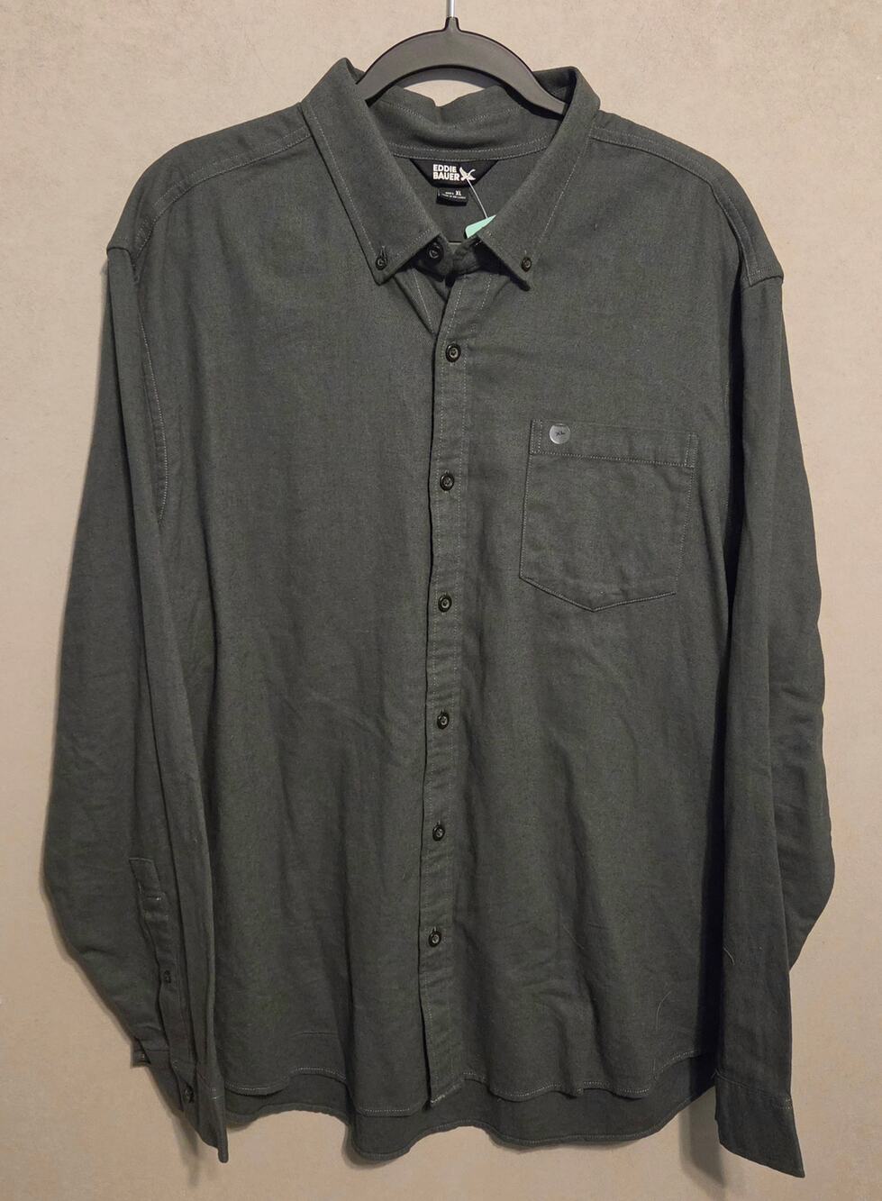Men's Eddie Bauer LS Button-down D-Green Shirt soft brushed cotton pocket XL